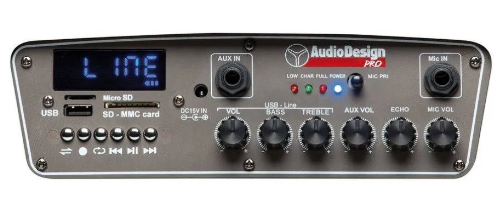 kannettava akkukäyttöinen 15" aktiivikaiutin & 2 mikrofonia>AudioDesignPRO Hot