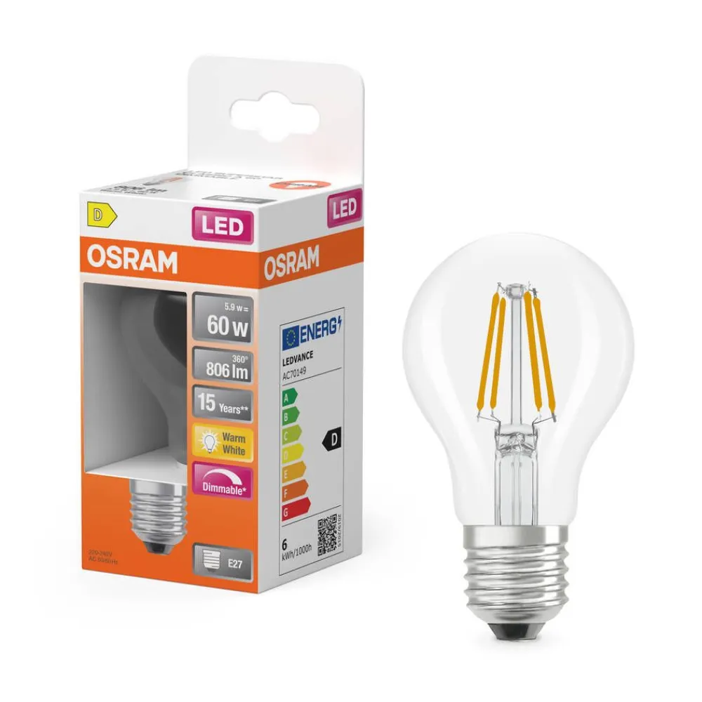 LED Superstar Classic A 60 Fil. DIM 5.9W 827 Clear E27>Osram Clearance