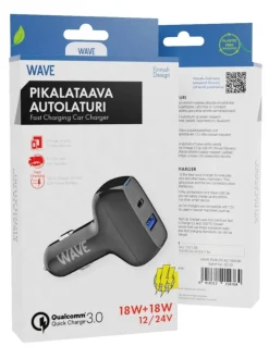 Wave Kuulokkeet Ja Puhelintarvikkeet|pikalataava autolaturi 18W musta